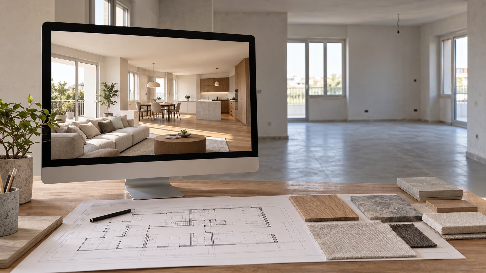 Studio di interior design con visualizzazione del possibile risultato prima della ristrutturazione — immagine illustrativa generata con IA